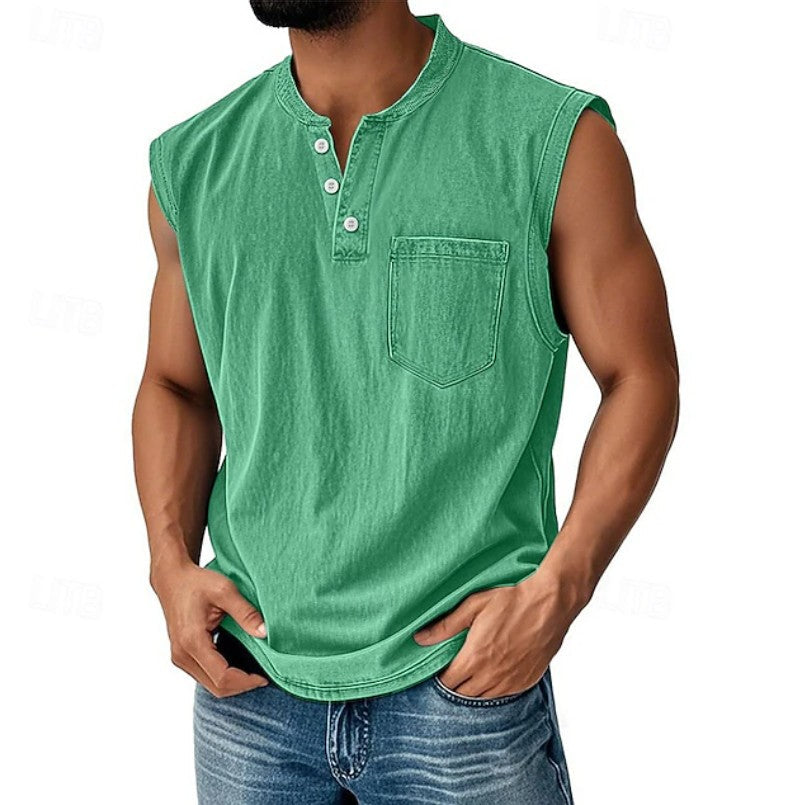 Effortless Denim Tank Top for Women with Henley Neck Sleeveless Button Front Relaxed Casual Style