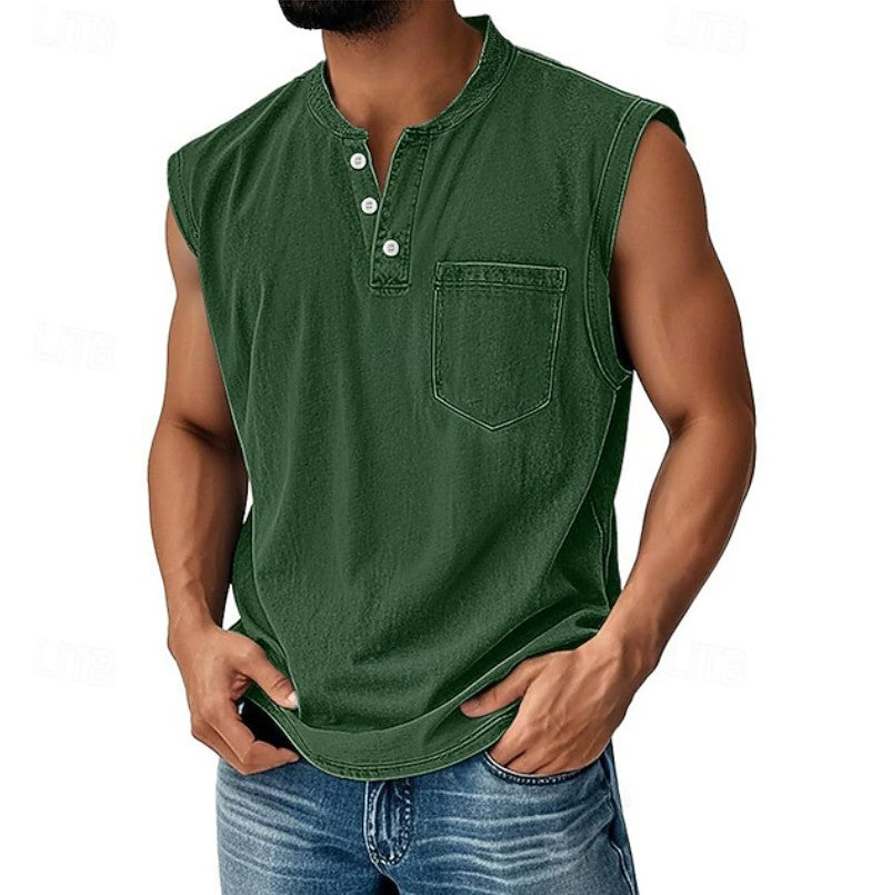 Effortless Denim Tank Top for Women with Henley Neck Sleeveless Button Front Relaxed Casual Style