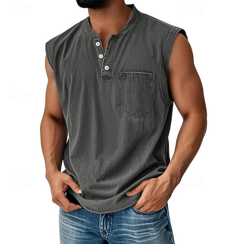 Effortless Denim Tank Top for Women with Henley Neck Sleeveless Button Front Relaxed Casual Style
