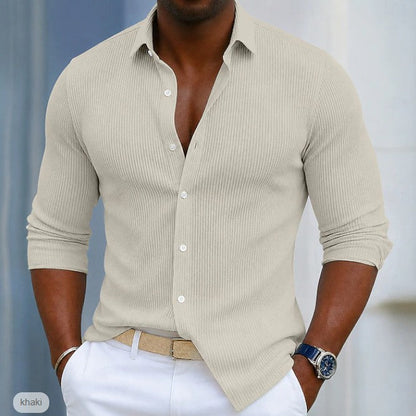 Effortless Ribbed Knit Button Up Shirt for Women with Collar Long Sleeve Relaxed Casual Style