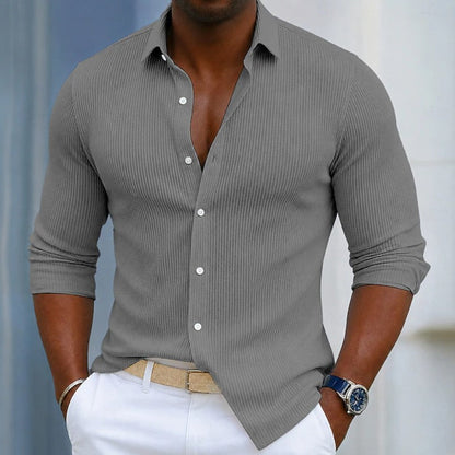 Effortless Ribbed Knit Button Up Shirt for Women with Collar Long Sleeve Relaxed Casual Style