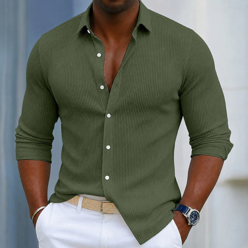 Effortless Ribbed Knit Button Up Shirt for Women with Collar Long Sleeve Relaxed Casual Style