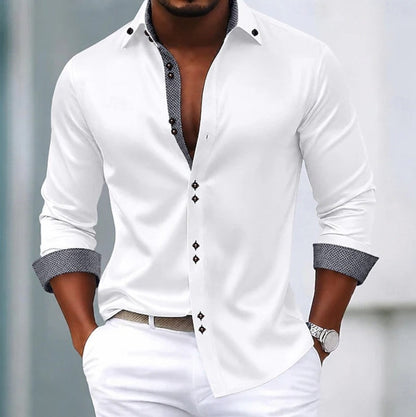 Elegant Contrast Trim Blouse for Women with Point Collar Long Sleeve Button Front Relaxed Style