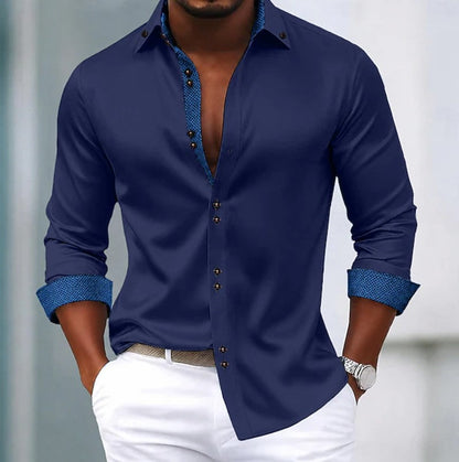 Elegant Contrast Trim Blouse for Women with Point Collar Long Sleeve Button Front Relaxed Style