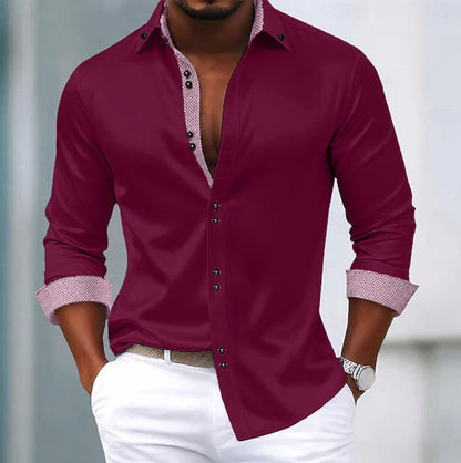 Elegant Contrast Trim Blouse for Women with Point Collar Long Sleeve Button Front Relaxed Style