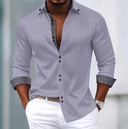 Elegant Contrast Trim Blouse for Women with Point Collar Long Sleeve Button Front Relaxed Style