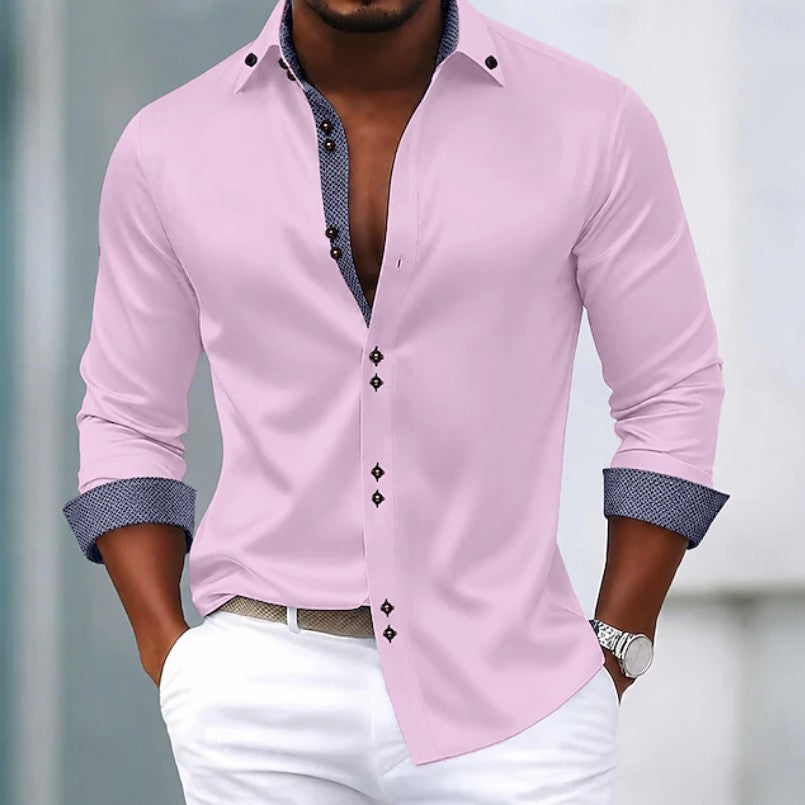 Elegant Contrast Trim Blouse for Women with Point Collar Long Sleeve Button Front Relaxed Style