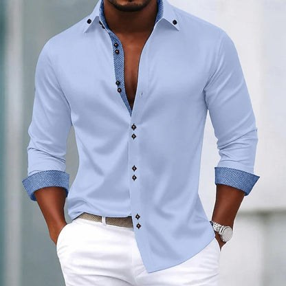 Elegant Contrast Trim Blouse for Women with Point Collar Long Sleeve Button Front Relaxed Style
