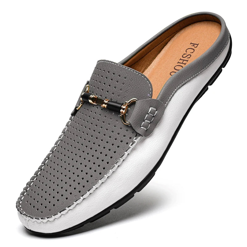 Effortless Perforated Leather Loafer Mule for Women with Horsebit Buckle Slip On Contrast Sole Style