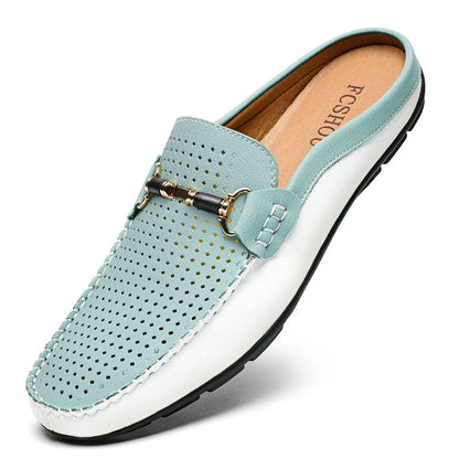 Effortless Perforated Leather Loafer Mule for Women with Horsebit Buckle Slip On Contrast Sole Style