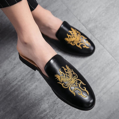 Elegant Embroidered Mule Loafer for Women with Round Toe Backless Slip On Casual Style