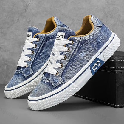 Effortless Denim Canvas Sneaker for Women with Lace Up Low Top Distressed Casual Style