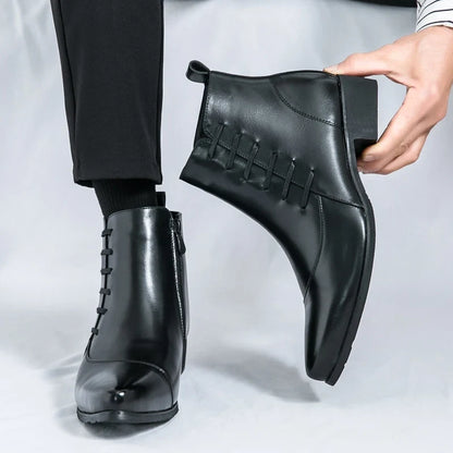 Stylish Leather Ankle Boot for Women with Pointed Toe Side Zip Lace Up Detail Casual Style