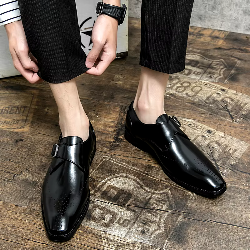 Elegant Leather Monk Strap Loafers for Women with Buckle Strap Brogue Detail Pointed Toe Style