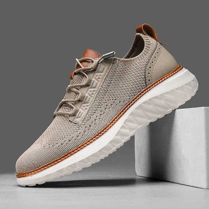 Effortless Knit Mesh Sneaker for Women with Lace Up Perforated Leather Trim Cushioned Style