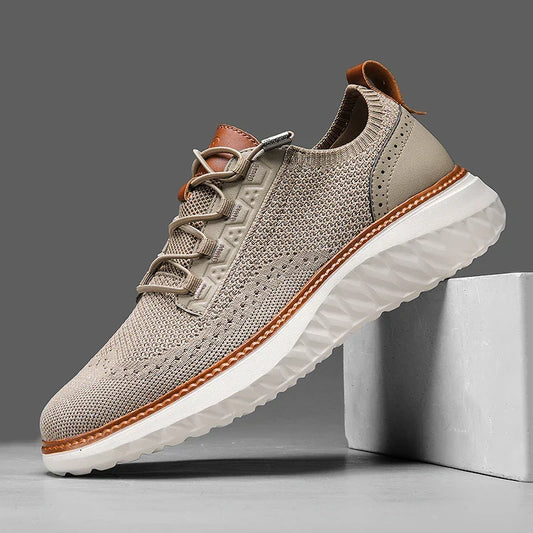 Effortless Knit Mesh Sneaker for Women with Lace Up Perforated Leather Trim Cushioned Style
