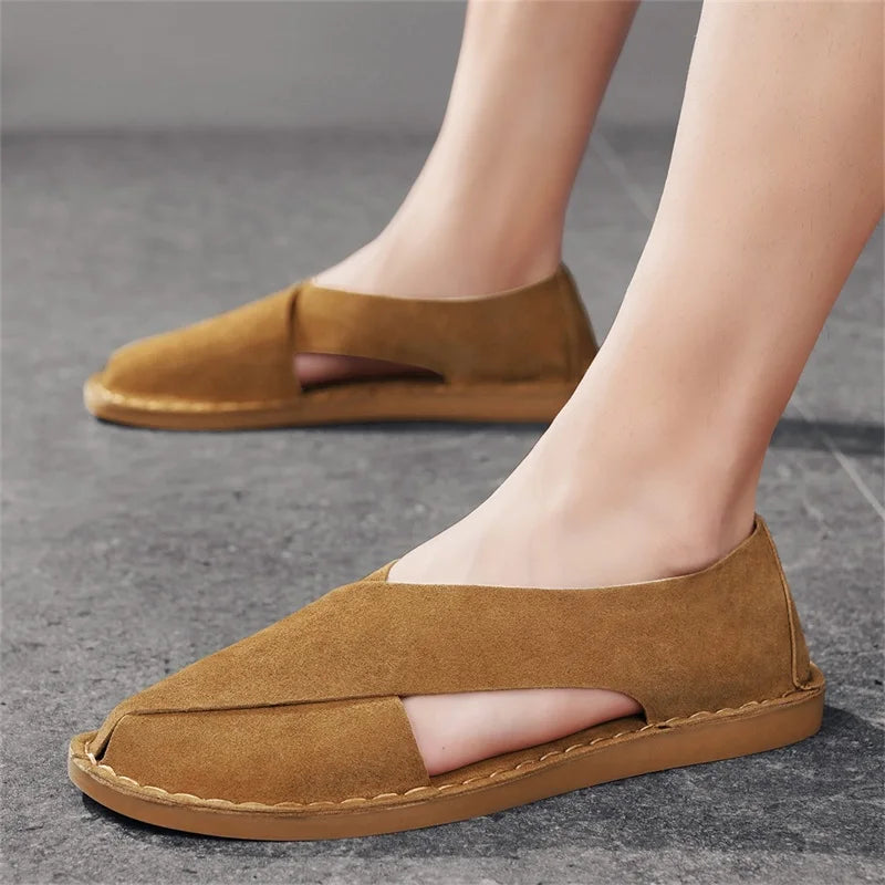 Effortless Suede Slip-On Sandals for Women with Closed Toe Cutout Side Flat Casual Style