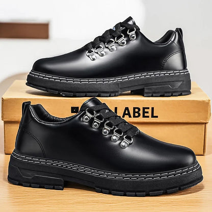 Stylish Black Leather Platform Shoe for Women with Lace Up D Ring Chunky Sole Casual Style