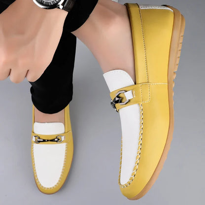 Comfortable Leather Loafers for Women with Chain Link Buckle Moc Toe Rubber Sole Casual Style