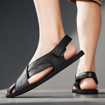 Effortless Leather Sandal for Women with Crisscross Open Toe Adjustable Ankle Strap Casual Style