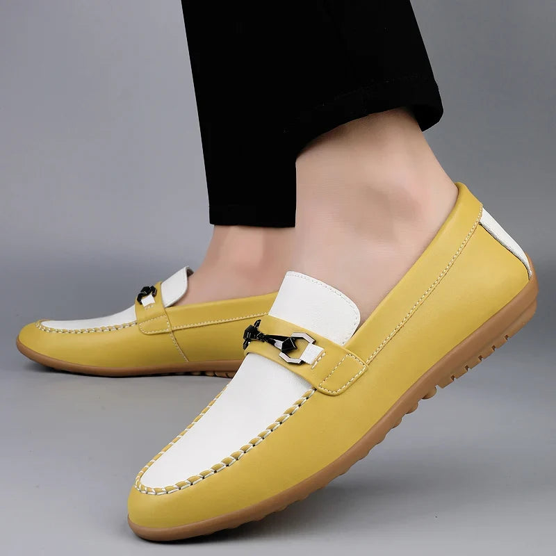 Comfortable Leather Loafers for Women with Chain Link Buckle Moc Toe Rubber Sole Casual Style