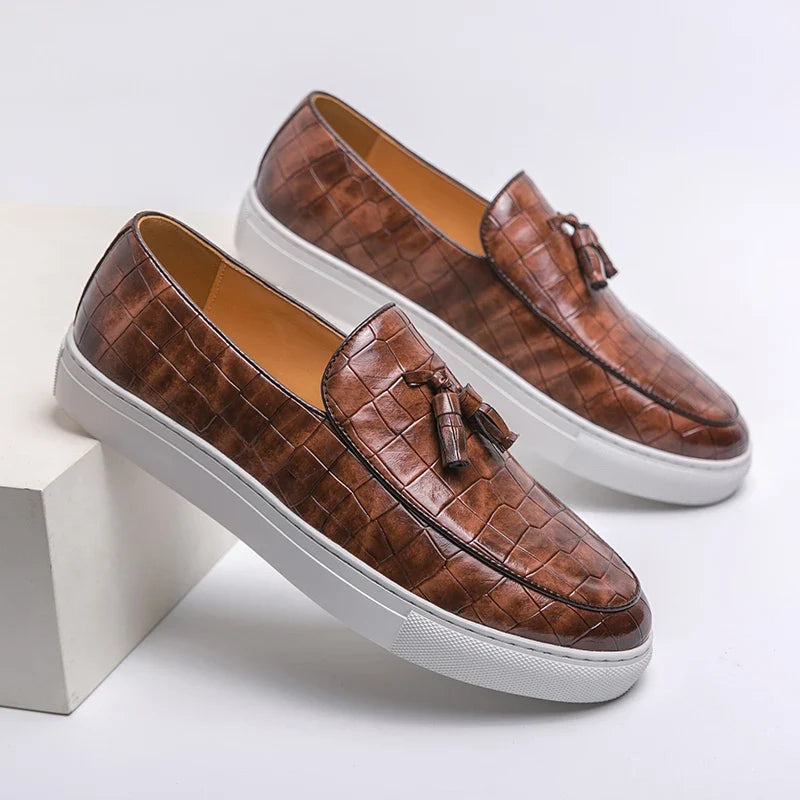 Elegant Crocodile Embossed Tassel Loafers for Women with Slip On Platform Sole Casual Style