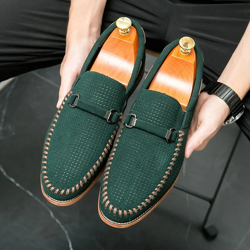 Elegant Perforated Suede Loafer for Women with Whipstitch Trim Metal Bit Slip On Style