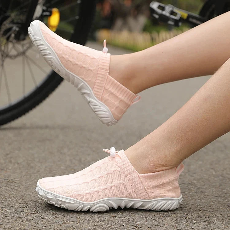 Stylish Knit Sneaker for Women with Drawstring Closure Lugged Rubber Sole Slip On Style