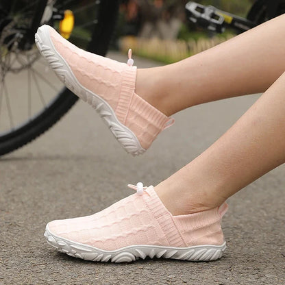 Stylish Knit Sneaker for Women with Drawstring Closure Lugged Rubber Sole Slip On Style