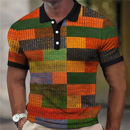 Effortless Colorblock Patchwork Polo Shirt with Collared Short Sleeve Button Placket Casual Style