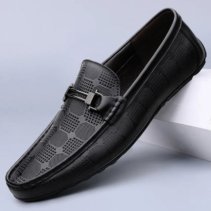 Stylish Leather Loafer for Women with Metal Buckle Perforated Slip On Casual Style