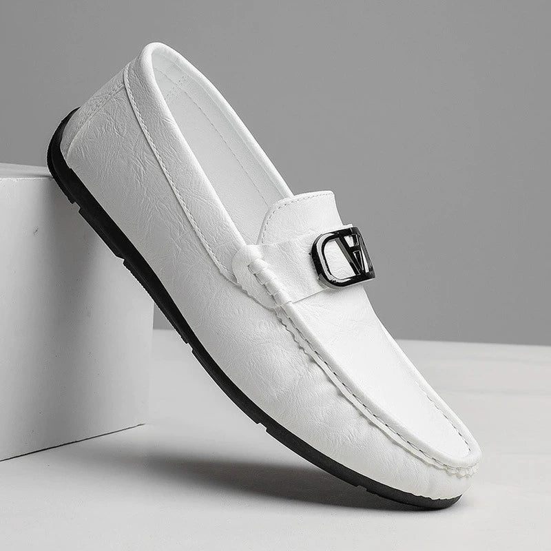 Stylish Leather Loafer for Women with Metal Buckle Moc Toe Slip-On Casual Style