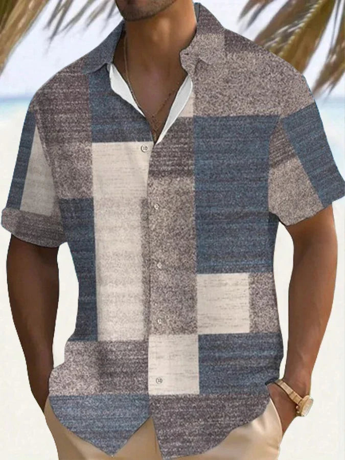 Effortless Patchwork Print Shirt for Women with Collared V Neck Short Sleeve Relaxed Button Front Casual Style
