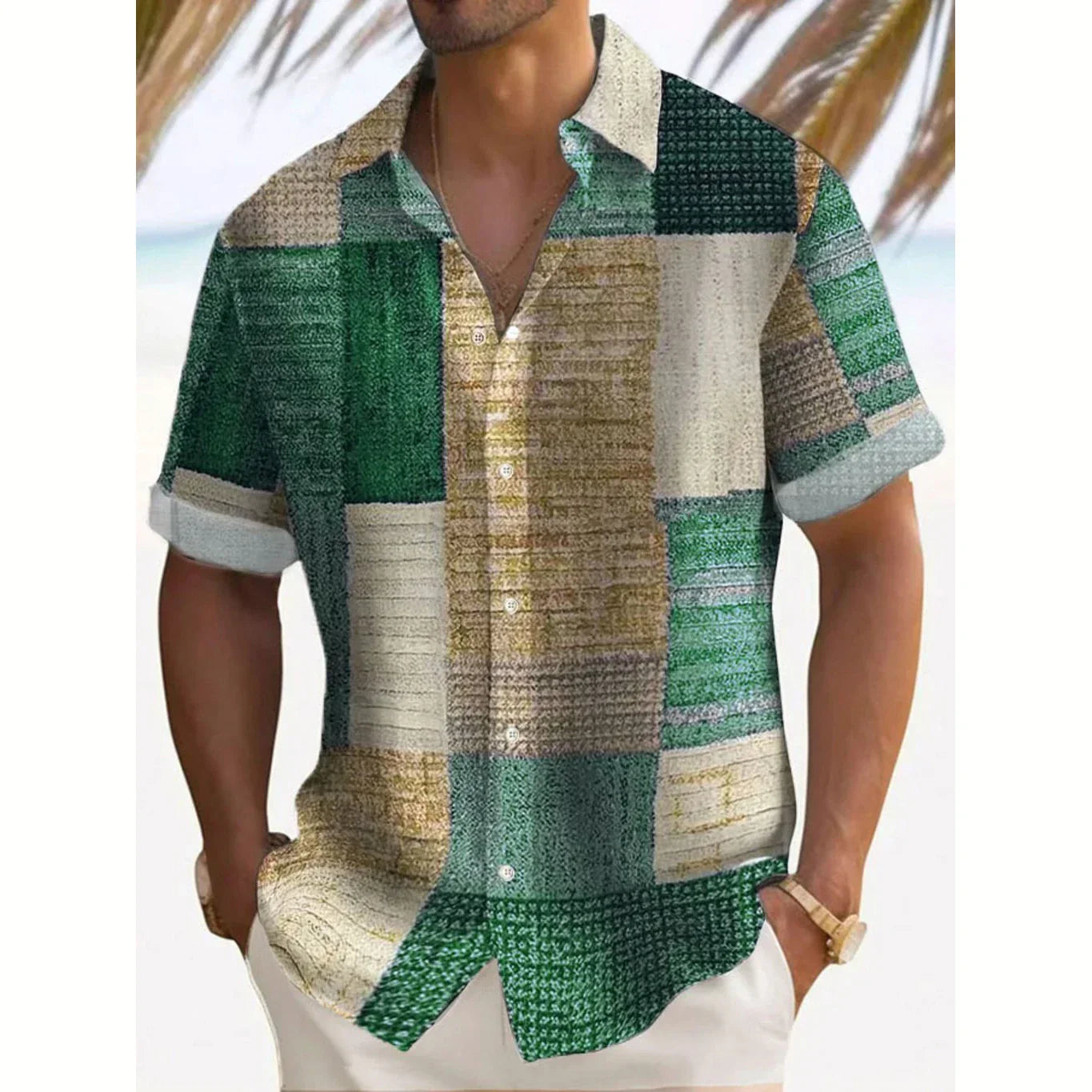 Effortless Patchwork Print Shirt for Women with Collared V Neck Short Sleeve Relaxed Button Front Casual Style