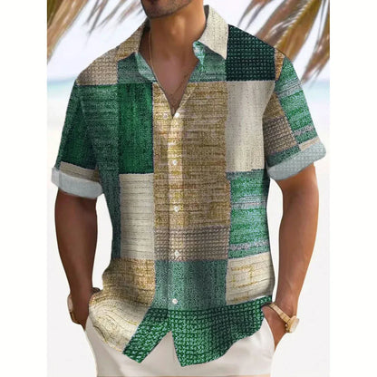 Effortless Patchwork Print Shirt for Women with Collared V Neck Short Sleeve Relaxed Button Front Casual Style