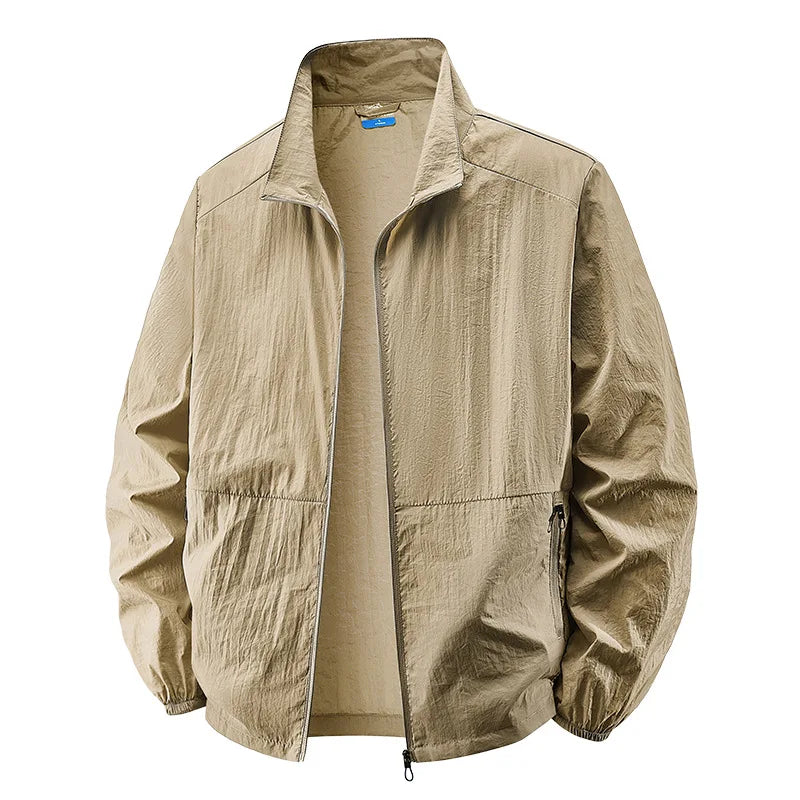 Effortless Crinkled Nylon Windbreaker for Women with Stand Collar Long Sleeve Zip Pocket Relaxed Style