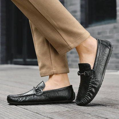 Elegant Embossed Leather Loafer for Women with Horsebit Buckle Moc Toe Stitched Driving Style