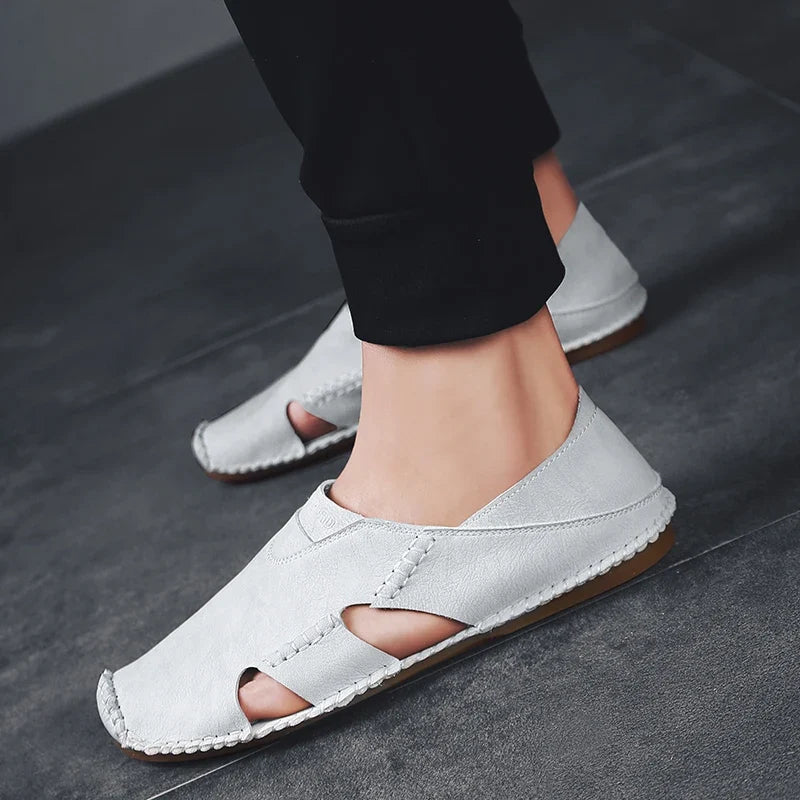 Effortless Leather Cutout Sandals for Women with Hand Stitched Closed Toe Slip On Casual Style