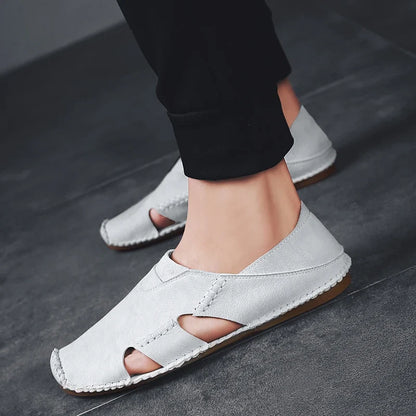 Effortless Leather Cutout Sandals for Women with Hand Stitched Closed Toe Slip On Casual Style