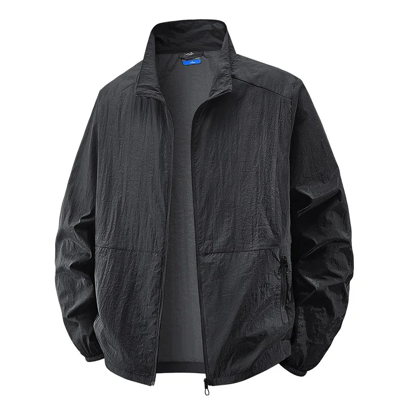 Effortless Crinkled Nylon Windbreaker for Women with Stand Collar Long Sleeve Zip Pocket Relaxed Style