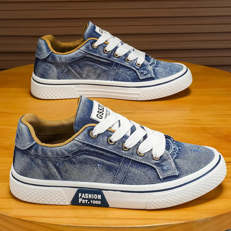 Effortless Denim Canvas Sneaker for Women with Lace Up Low Top Distressed Casual Style