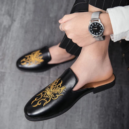 Elegant Embroidered Mule Loafer for Women with Round Toe Backless Slip On Casual Style
