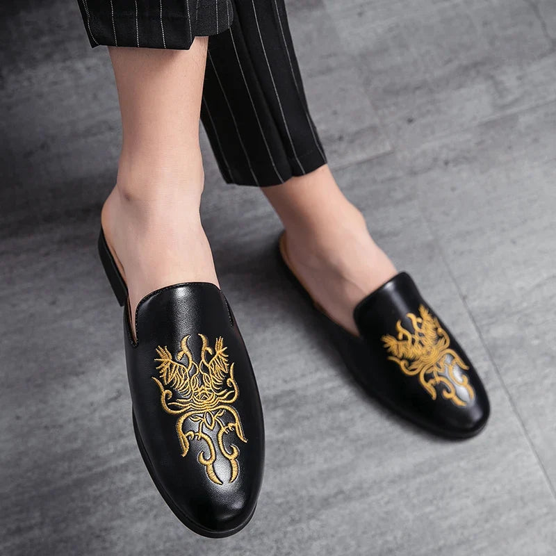 Elegant Embroidered Mule Loafer for Women with Round Toe Backless Slip On Casual Style