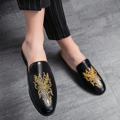 Elegant Embroidered Mule Loafer for Women with Round Toe Backless Slip On Casual Style