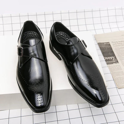 Elegant Leather Monk Strap Loafers for Women with Buckle Strap Brogue Detail Pointed Toe Style