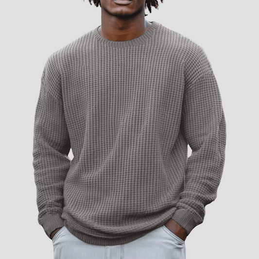 Comfortable Taupe Waffle Knit Sweater for Women with Crew Neck Long Sleeve Relaxed Oversized Style