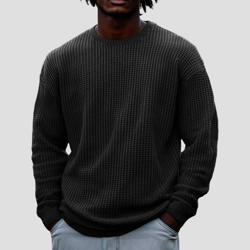 Comfortable Taupe Waffle Knit Sweater for Women with Crew Neck Long Sleeve Relaxed Oversized Style
