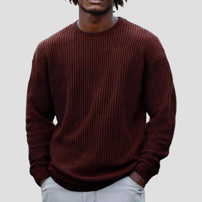 Comfortable Taupe Waffle Knit Sweater for Women with Crew Neck Long Sleeve Relaxed Oversized Style