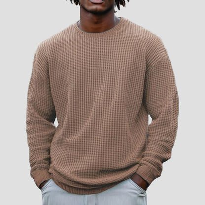Comfortable Taupe Waffle Knit Sweater for Women with Crew Neck Long Sleeve Relaxed Oversized Style