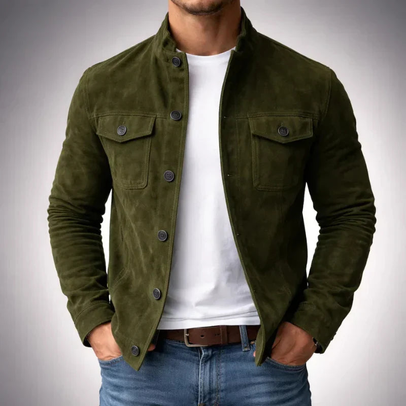 Effortless Suede Jacket for Women with Stand Collar Long Sleeve Flap Pocket Casual Style